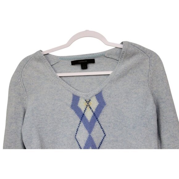Express Sweater Size Large 100% Lambs Wool Knit Argyle Preppy Pastel V-Neck - Picture 2 of 13